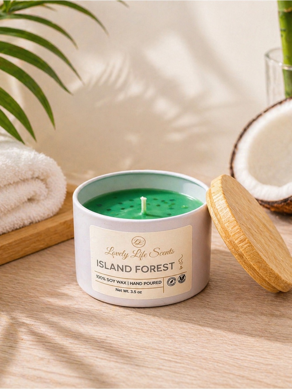 Island Forest Mini 3.5oz Premium Soy Candle Tin a Bamboo Coconut Scent
